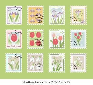 Collection of stamps with spring flowers. Postage stamp with crocus, tulip and snowdrop