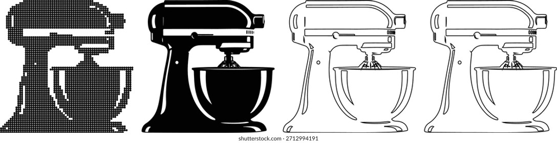 Colección de ilustraciones de mezclador de soporte presentadas en varios estilos gráficos: semitono, relleno negro sólido, relleno blanco sólido y contorno. Elementos versátiles para cocinar, cocinar, hornear y diseños relacionados con recetas.