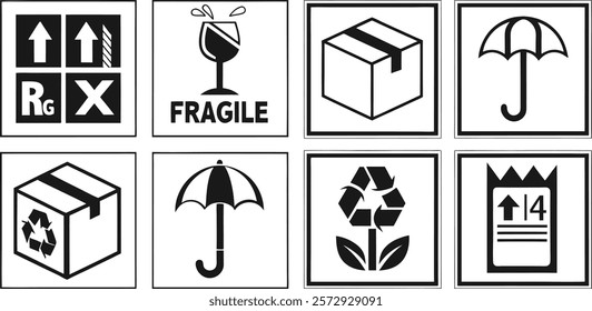 Collection of Standard International Shipping Symbols for Fragile, Recyclable and Proper Handling