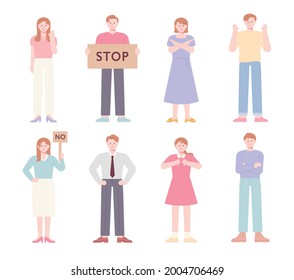Collection of standing people characters with gestures and facial expressions of rejection. flat design style minimal vector illustration.