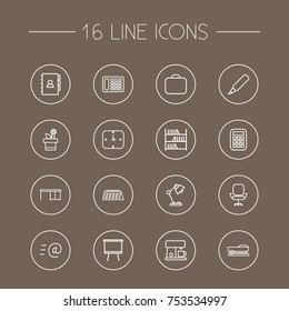 Collection Of Staple, Chair, Board Stand Elements.  Set Of 16 Workspace Outline Icons Set. 