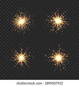 Collection of star burst with sparkles. Golden light flare effect with sparkles and glitter isolated on transparent background. Vector illustration shiny glow star with stardust, gold lens flare