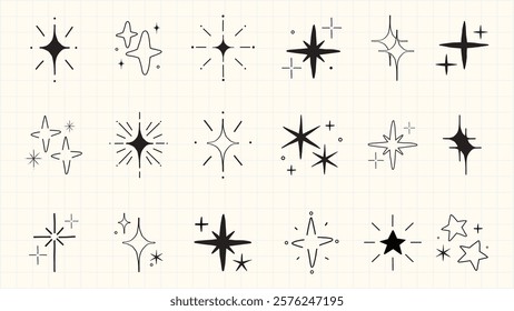 Collection of star doodles, featuring various star shapes. Star designs include sparkles, twinkles, and abstract stars. Perfect for star-themed projects. Element vector set.