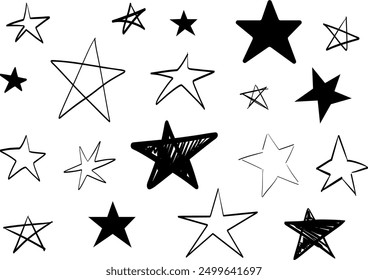 A collection of star doodles. A set of hand drawn stars. Scribble illustrations. Black silhouettes of stars.