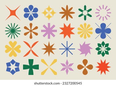 Collection of star and flower geometric shapes, inspired by Brutalism. Colorful, minimalist and abstract symbols. Isolated vector and decorative patterns.