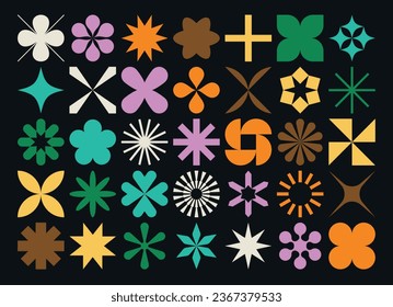 Collection of star and flower geometric shapes, inspired by Brutalism. Colorful, minimalist and abstract symbols. Isolated vector and decorative patterns.