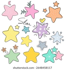 A collection star graphics for design and decoration. Can be used in many ways such as stickers, scrapbooks, paper patterns, fabric patterns, art for kids, craft, card decoration and more.
