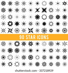 Collection of star icons. Stylish white and black symbols organized in a group of 90 icons. Original stars of different forms and shapes. Flat style editable elements. Vector design illustration