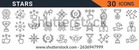 a collection of star icons in vector format perfect for rating award and success themed designs. includes medals trophies and other elements in a modern outline style for graphic design projects