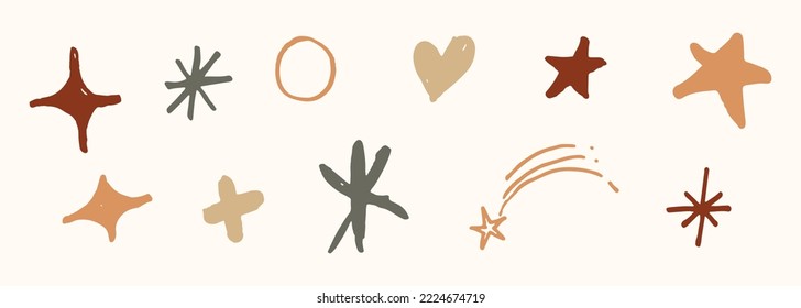 Collection of star illustration in vintage style. Boho hand drawn for design element.