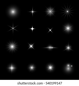 Collection of star light glitter and shine effect design element on black background vector illustration eps10