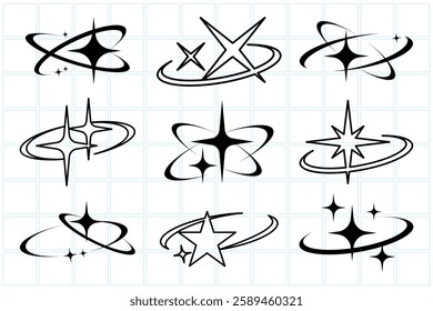 Collection of star and orbit icons in black on a grid background. Various star shapes and orbit designs are featured in this icon set. Creative elements, vector set.