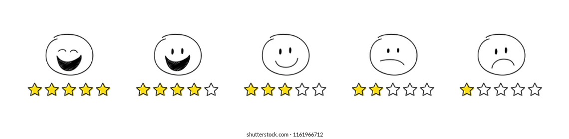 Collection of star rating icons - funny stickamn with different facial expressions. Vector.