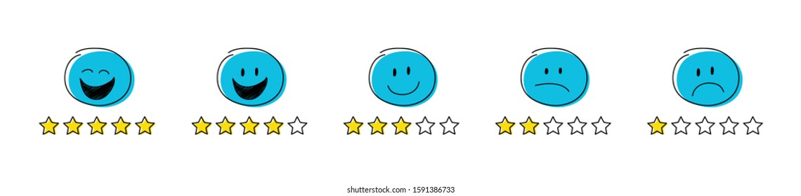 Collection of star rating icons - funny stickamn with different facial expressions. Vector.