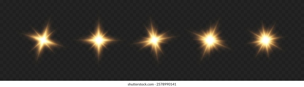 Collection of star rays with glowing particles on transparent background , flash , sparkle set , light effect.
