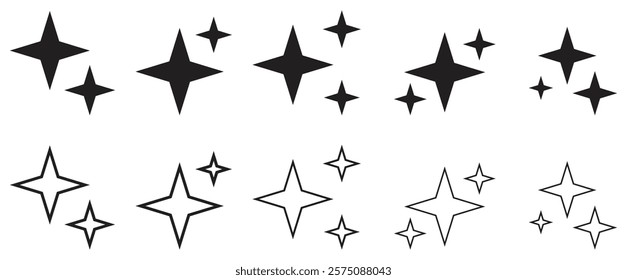 Collection of Star Shapes in Black and White Design. Isolated On Transparent Background.