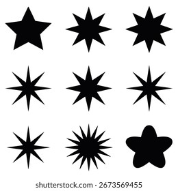 Colección de Formas de estrellas en blanco y negro con diferentes recuentos de puntos y estilos para proyectos creativos