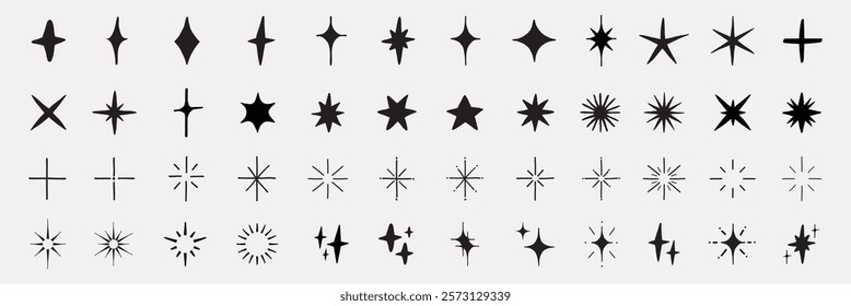 A collection of star shapes, featuring various star designs, star ese star icons are diverse in style and form, showcasing variations. Element vector set.