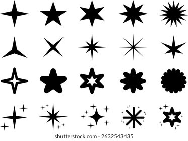 Collection of star shapes. Various stars with black silhouettes, isolated Christmas glittering geometric symbols collection. Christmas star icons. Bright fireworks. Lightning, sparkle, glare, flashing