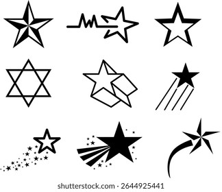 Collection of star shapes. Various stars with black silhouettes, isolated Christmas glittering geometric symbols collection. Christmas star icons. Bright fireworks. Lightning, sparkle, glare, flashing