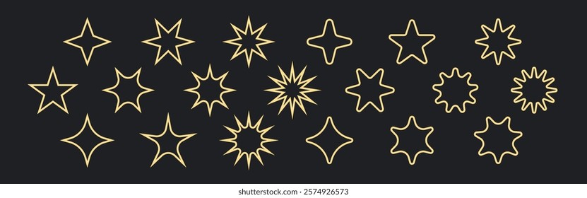 Collection of star shapes in various styles. Star outlines in different designs. Unique star patterns create diverse star effects. Isolated illustration elements, vector set.