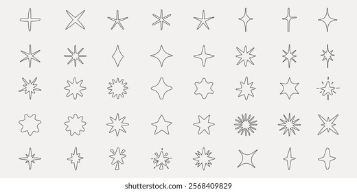 A collection of star and sparkle icons in various shapes. Star shapes and sparkle designs in a minimalist style. Perfect for star-themed projects and sparkle effects. Element vector set.