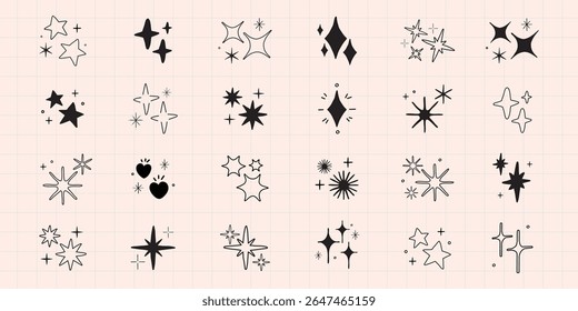 Coleção de ícones de estrela e brilho. Várias formas de estrelas e desenhos de brilho. Ícones de estrela e brilho em preto e branco. Elementos decorativos de estrela e brilho. Vetor de elemento definido.
