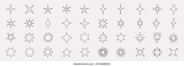 A collection of star and sparkle shapes in various designs. These star and sparkle icons feature diverse styles, perfect for creative projects needing star and sparkle elements. Element vector set.