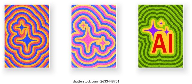 Collection of star sparkles and bold AI lettering on vibrant concentric ripple backgrounds. Vector illustration.