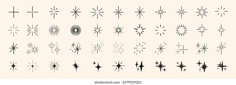 Collection of star symbols and icons. Various star designs, shapes, and patterns. Decorative star symbols for design and creative projects. Element vector set.