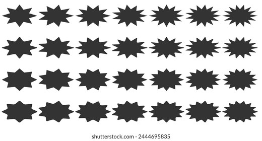 Collection of starburst badge label for sale promotion. Black silhouette sticker set.