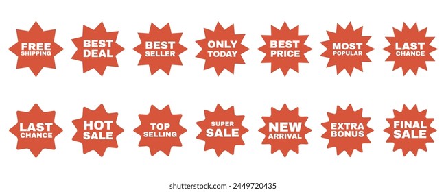 Collection of starburst badge label for sale promotion. Red silhouette stickers set with text.