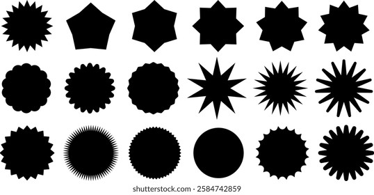 Collection of starburst circles with zigzag and wavy edges. Stylized abstract shapes with sharp, irregular contours. Vector graphics ideal for markers, stickers, labels, or symbols.