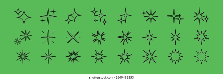 Collection of starburst icons on a green background. Starburst shapes vary in size and style. Perfect for design projects needing starburst effects. Element vector set.