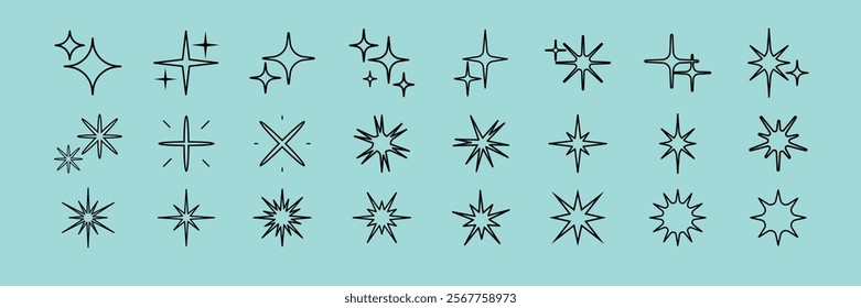 Collection of starburst icons on a light blue background. Various starburst designs, each unique. Starburst icons perfect for design projects. Element vector set.
