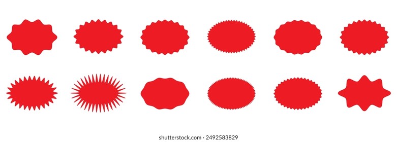 Collection of starburst red stickers, star labels collection, round badges. design for sales promo, poster, social media, web.