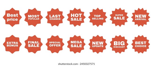 Collection of starbust badge label for sale promotion. Red silhouette stickers set with text.