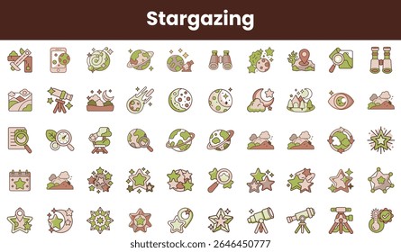 Uma coleção de ícones de observação estelar com telescópios, estrelas, planetas e elementos da natureza, mostrando a beleza e a maravilha da astronomia.