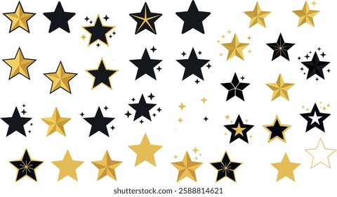 A collection of stars in black and gold, showcasing different styles and sizes, creating a whimsical and festive atmosphere.