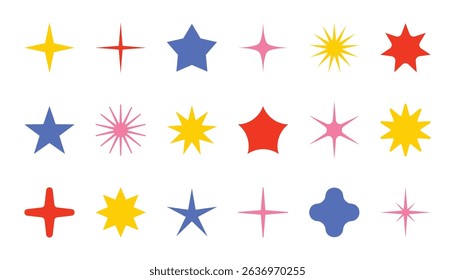 Collection of stars in cartoon flat style. Glowing celestial elements of design. Set of Y2K stars, starburst or retro futuristic graphic ornaments.