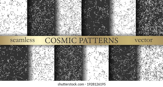 Kollektion von Sternmustern. Vektor Sternbild-Set. Kosmisches Muster. Raumzodiakales Universum-Hintergrundset. Astronomie Astrologie Objekte packen. Für Design, Umhüllung, Textilien, Bedeckung usw.