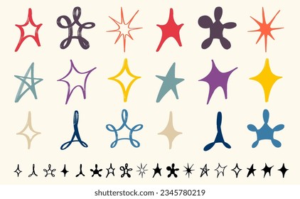 Collection of stars pencil outline effect. Hand drawn stars, doodles with pencils. Realistic High quality textured. Paintbrush circle frames. Ink splatters. Vector illustration.