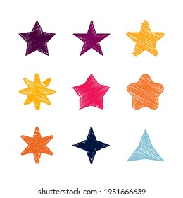 Collection Of Stars Sparkle Shapes Hand-drawn. Set Of Scribble Stars Icons. Design Elements For Festive. Colorful Effect Magic Particle. Cartoon Sketch Doodle Style. Vector Illustration.