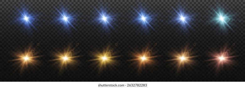 Collection of stars. Sunlight effect. Stars exploding with light. Vector illustration.
