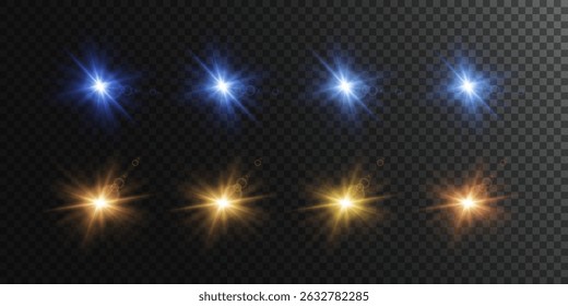 Collection of stars. Sunlight effect. Stars exploding with light. Vector illustration.