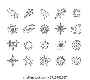 Collection of stars of various shapes. Starry night, falling star, firework, twinkle, glow. Signs for wrapping material. Set of outline minimal style vector illustrations isolated on white background