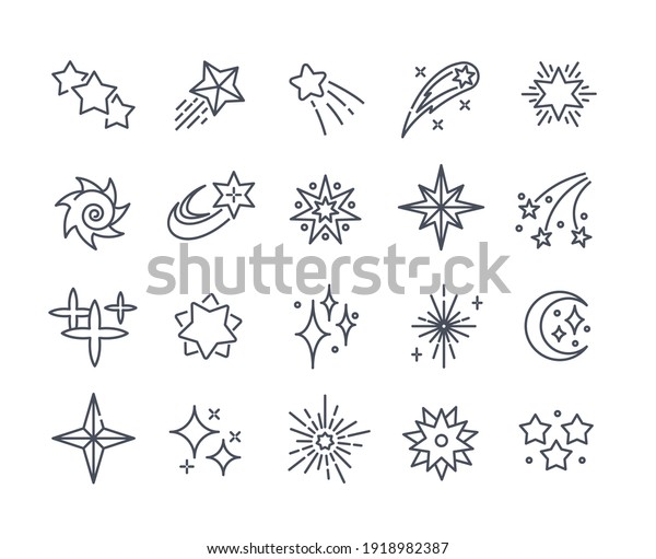 Collection of stars of various shapes. Starry\
night, falling star, firework, twinkle, glow. Signs for wrapping\
material. Set of outline minimal style vector illustrations\
isolated on white\
background