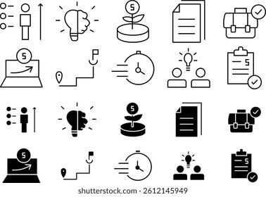 Collection of startup-themed icons in simple design style, featuring business strategy, innovation, and digital technology symbols, ideal for web, app, and presentation use.