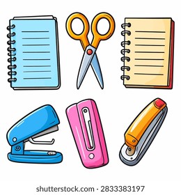 Collection of stationery items including notebooks scissors stapler and pen for office or school use.