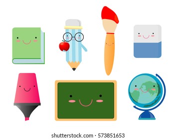 collection of stationery on white background, Educational materials,cartoon characters from the school